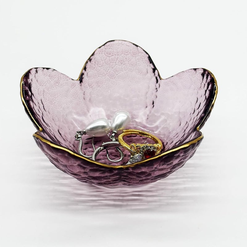 BESSKON Purple Flower Ring Dish, Small Glass Jewelry Dish Tray, Ring Holder Jewlery Tray Trinket Dish, Bathroom Nightstand Decor Jewelry Bowl Christmas Friendship Birthday Gifts for Women, Soap Dish - Image 3